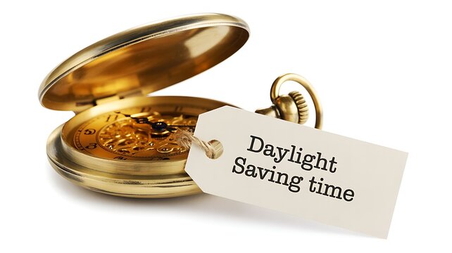 An antique golden pocket watch with its cover open, revealing intricate gears, accompanied by a small tag reading "Daylight Saving Time" tied to its winder.