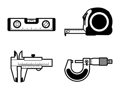 Measuring tools set, black white construction equipment, vector illustration