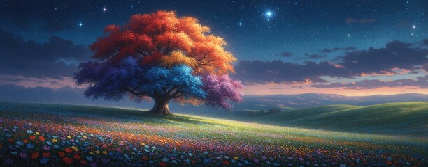 Fototapeta premium Fantasy tree with rainbow foliage on hill with blooming flowers at starry night sky. Peaceful landscape with soft clouds and distant hills. Magical nature scene.