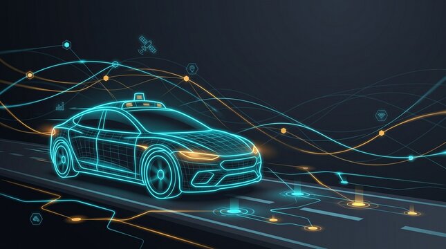 Futuristic Dark Autonomous EV Concept Background with Glowing Neon Car Wireframe and Copy Space