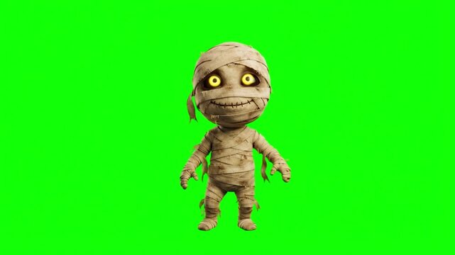 Cute cartoon mummy character dancing on a green screen background
