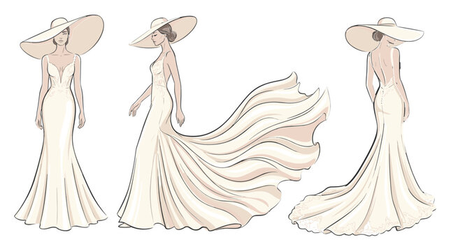  Elegant wedding dress vector illustration set featuring a beautiful bridal model in a luxury gown and wide sun hat showing multiple poses.