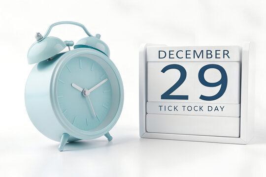 Tick tock day celebration concept with light blue alarm clock and calendar