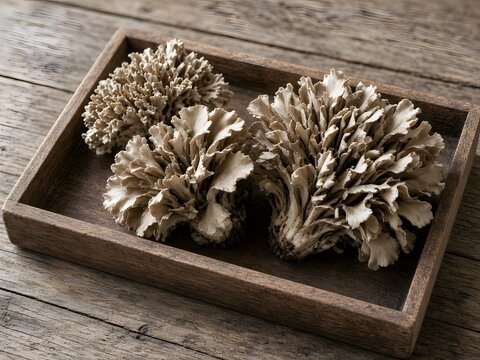 Fresh Japanese Maitake Mushrooms in Wooden Tray, Autumn Harvest