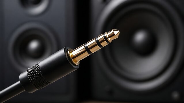 Close up of a professional gold plated 3.5mm audio jack cable against a blurred background of black speakers