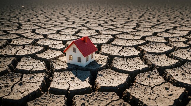 Small miniature house with red roof sits on dry cracked earth. Concept of global warming, climate change disaster. Arid desert ground shows severe drought, soil dehydration. Real estate crisis
