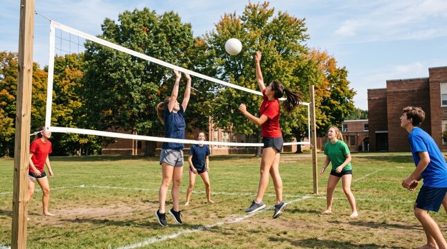 Active group of diverse teenage classmates enjoying a lively game of volleyball on a grassy field outside their school building on a bright, sunny afternoon during PE class.