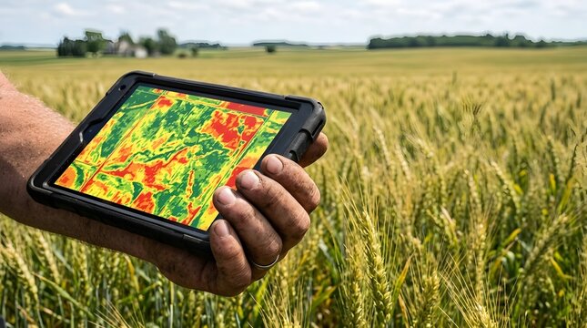 Close-up of a weathered farmer's hand holding a rugged tablet displaying a colorful digital crop heat map in a golden wheat field during the day, showcasing modern precision agriculture.