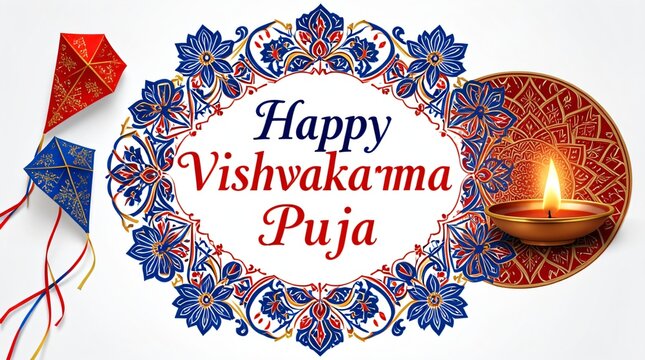 Happy Vishwakarma Puja Greeting with Kites, Diya and Traditional Indian Decorations