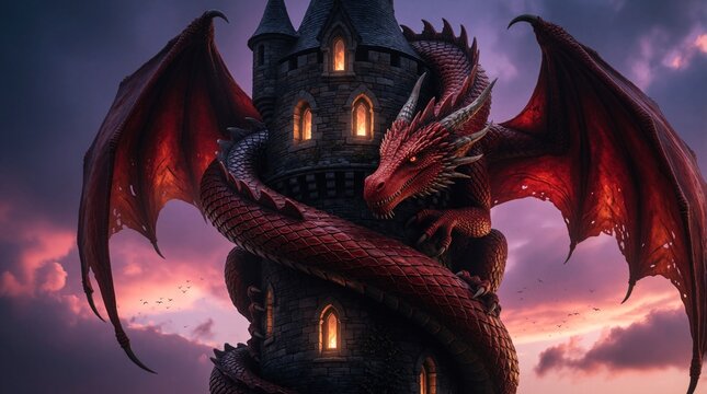 Red dragon wraps stone tower, fiery scales gleam against dramatic sunset sky. Epic fantasy creature guards ancient fortress, wings spread wide over clouds, mystical scene.