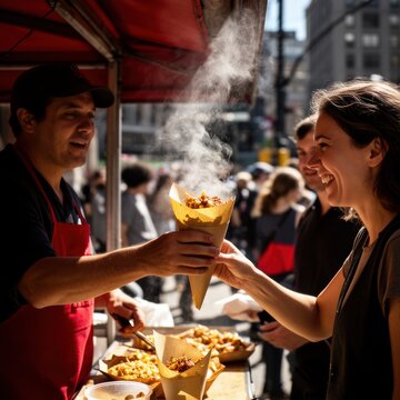 Food vendor serving snack cone to smiling customer