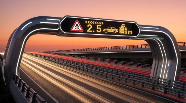 Modern bridge overhead sign displays traffic safety info, clearance limit 2. 5m, and pathway direction at sunset. Vehicle light trails blur on highway below.