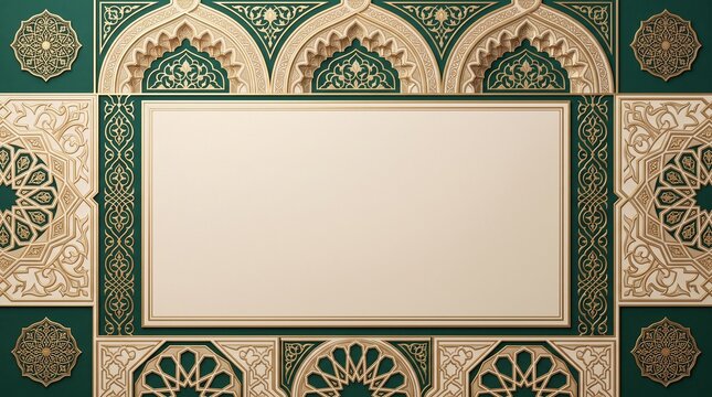 Islamic green and gold frame background, elegant arabic arch border with copy space, ornate ramadan kareem greeting card template