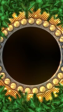 Luxury circular Christmas frame green pine branches, golden baubles, geometric central copy area. holiday greetings, photo displays, logo reveals, festive invitations, seasonal advertising, titles.