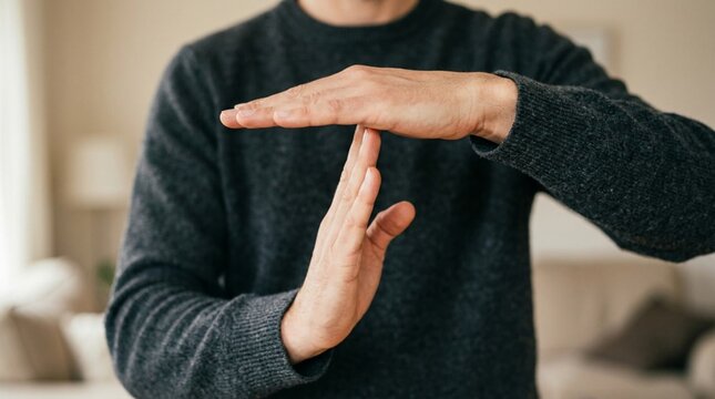 Close-up of a man's hands forming a T-shape timeout gesture in front of his chest, fingers clearly posed, wearing a dark gray sweater, blurred living room interior background, soft natural lighting