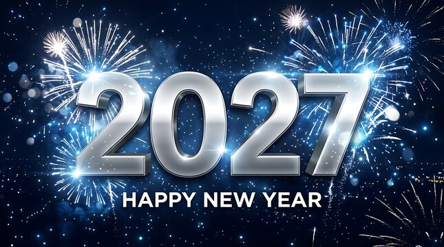 Shiny silver 3D text for 2027 happy new year celebration with glowing blue firework display background