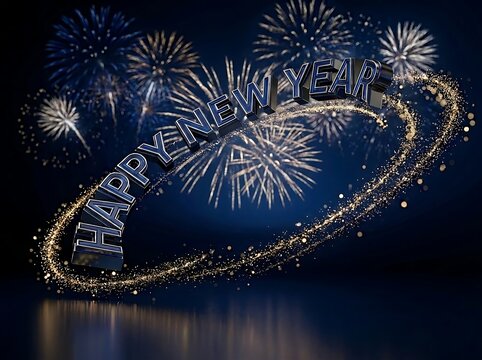 Three dimensional happy new year greeting text with golden sparkling light trails and fireworks background
