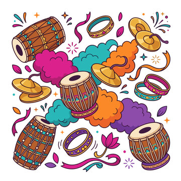 Vibrant traditional Indian musical instruments and colorful powder clouds create this festive vector graphic illustration for celebrations and cultural artistic events