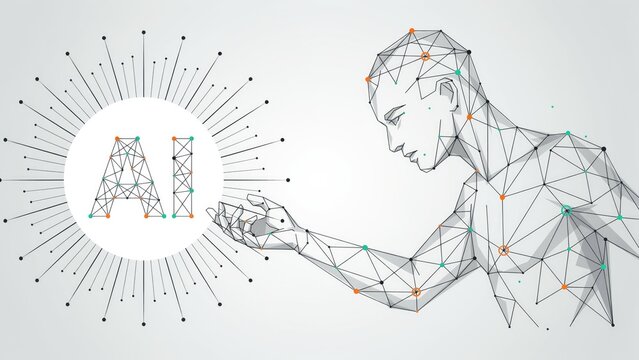 Polygonal human profile reaching toward glowing ai text symbol