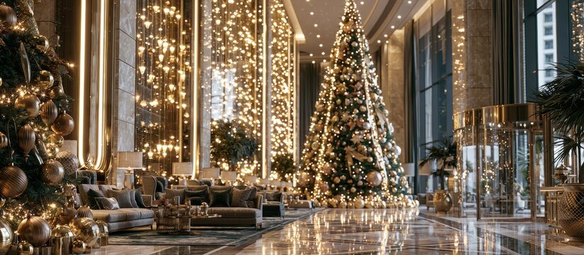 Luxury hotel lobby decorating for christmas holiday season, banner