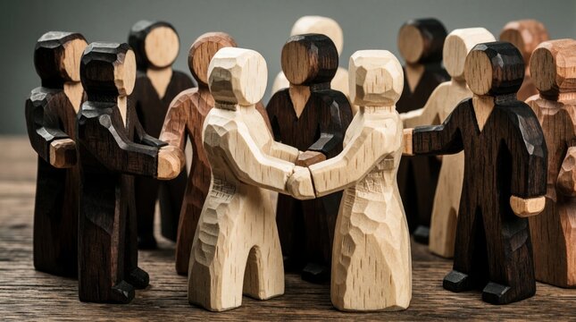 Wooden figures show diverse people linking hands in unity. Business team connects, showing cooperation and multicultural teamwork. Group shares common goal, building synergy. Strong connections form.