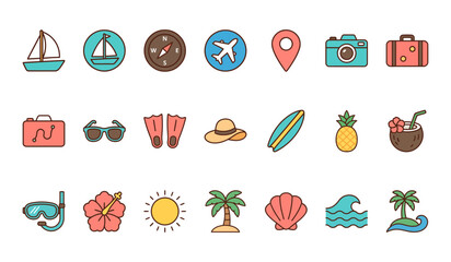 Fototapeta premium Set of colorful summer vacation and travel icons including beach items and tropical symbols