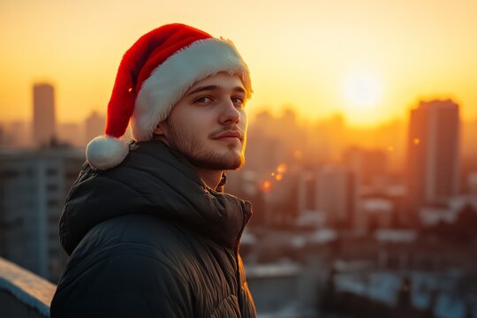 Young man wearing santa hat on city rooftop at sunset