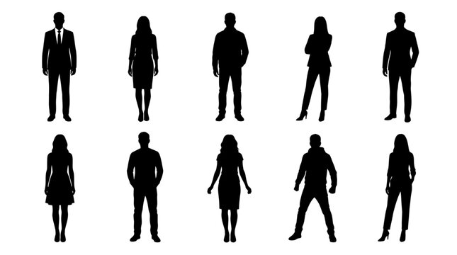 Professional collection of diverse business people silhouettes presented in a clean black flat vector graphic design