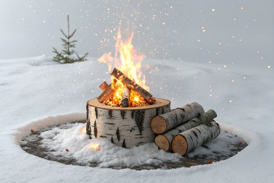 Outdoor campfire burning in snow with birch logs and small spruce tree, campfire