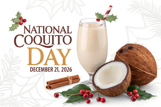 National coquito day festive coconut drink with cinnamon and holly berries