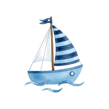 Watercolor blue sailboat with striped sail on white.
