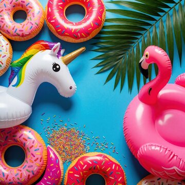Inflatable pool toys, unicorn donut and flamingo, with palm leaf on bright blue background. Summer fun and vacation accessories are arranged playfully, ready for pool party.