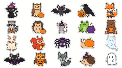Fototapeta premium Cute Halloween Animals Set, Adorable Witch, Fox, Owl, Ghost, Spooky Creatures, Pumpkin, Spider, Cartoon Icon Collection, Vector Characters, Holiday Illustrations isolated on White Background
