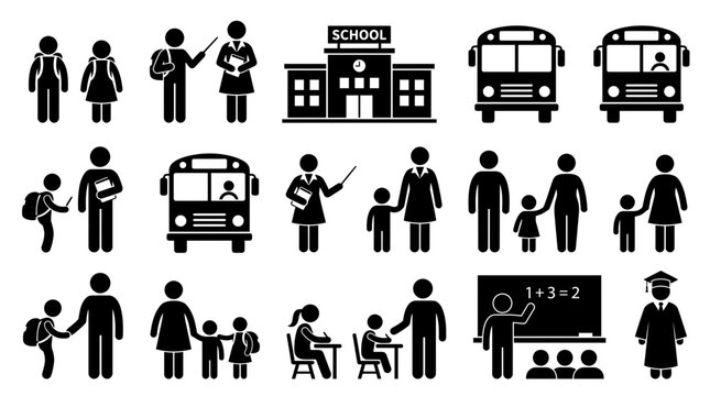 Minimalist black vector graphic collection showing various school icons and educational symbols for modern design projects