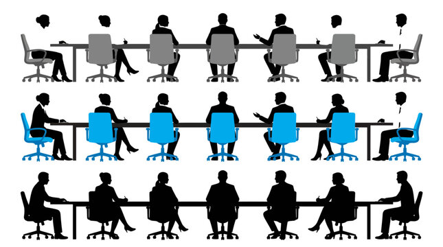 Business professionals sitting at long boardroom tables in this clean professional vector graphic illustration set