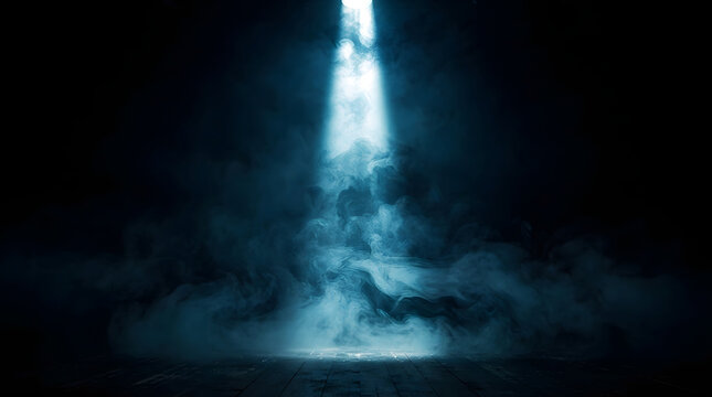 Dramatic spotlight shining down from a dark ceiling illuminating a smoky stage or performance area