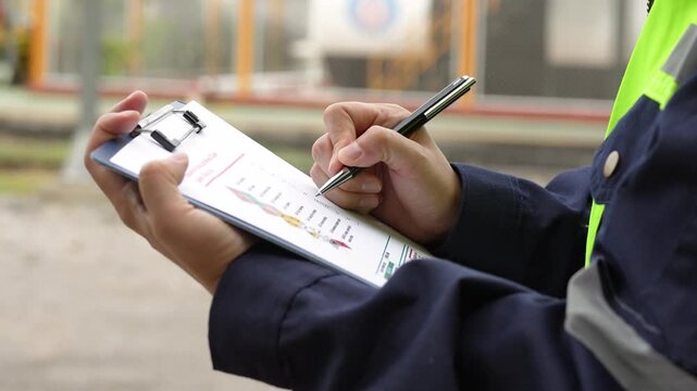 A safety officer is checking on hazardous chemical material checklist for risk assessment before tranportation the dangerous good with train tanker railway background. Industrail working scene.