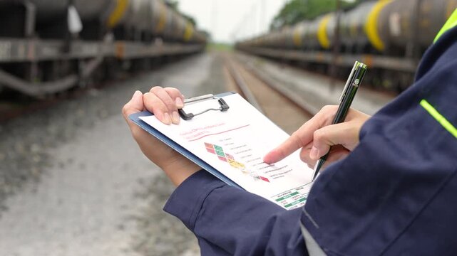 A safety officer is checking on hazardous chemical material checklist for risk assessment before tranportation the dangerous good with train tanker railway background. Industrail working scene.
