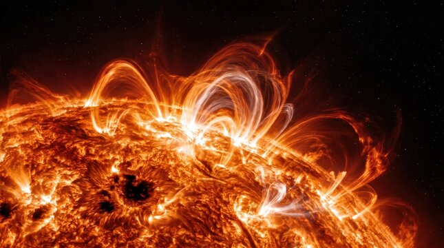 Close-up of burning sun surface with intense coronal plasma loops and solar flare