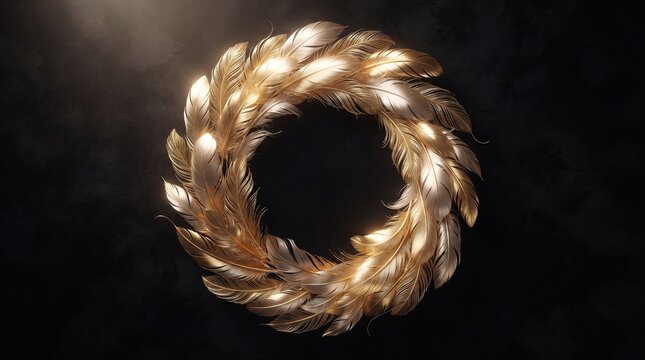 Golden feather wreath on black background, luxury circular plume frame, elegant metallic bird feathers in a round crown