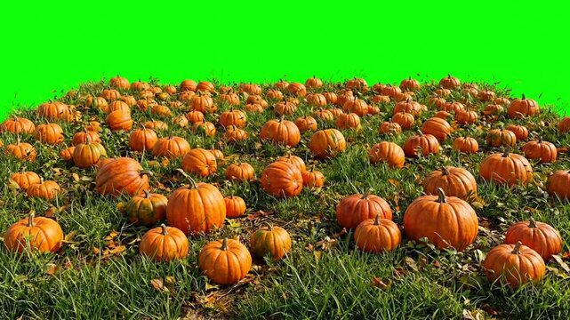 Many orange pumpkins in a field on a green screen background