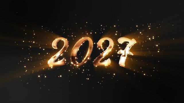 Polished 2027 typography emerges golden beams floating light dust dramatic stage. annual launches, future forecasts, corporate countdown reveals, holiday campaigns, event openers, premium celebration