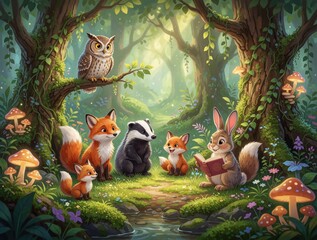 Naklejka premium Cute forest animals gather in magical woodland. Rabbit reads story book to fox, badger, owl, small kits. Enchanted fairy tale scene with mushrooms, trees, sunlight. Whimsical cartoon characters enjoy