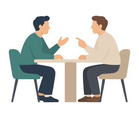 Obraz premium Two men sitting across a table engaged in a spirited debate, expressive hand gestures, flat cartoon style vector illustration with simple shapes, soft colors, and clean lines on isolated background