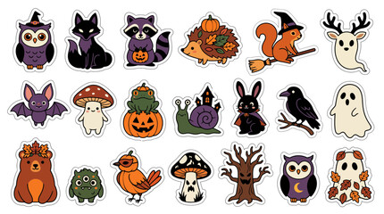 Fototapeta premium Cute Halloween animals stickers set. Autumn forest creatures, pumpkins, ghosts, witches. Children illustration, kawaii icons. Kids coloring pages. Scrapbooking design. isolated on White