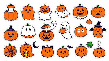Naklejka premium Cute Halloween Icons, Kawaii Ghosts and Jack O Lanthern Set, Orange Pumpkin Characters, Funny Spooky Graphic Assets, Trick or Treat Illustrations for Design isolated on White Background