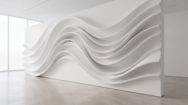 Futuristic white 3D wave wall panel, modern interior architectural design, abstract flowing gypsum texture in minimalist office