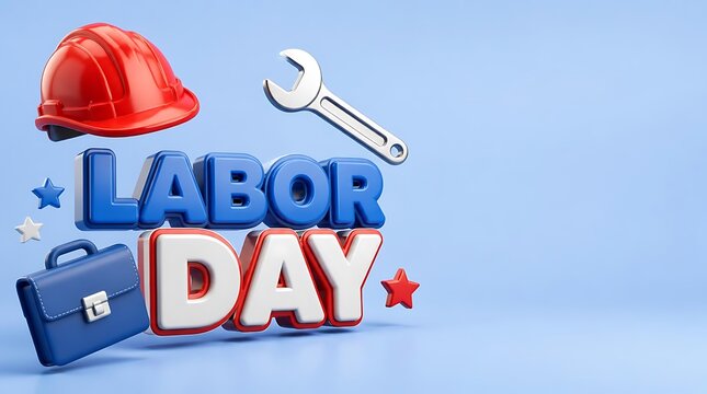 Celebrating Labor Day with symbolic images of safety gear a wrench and a briefcase representing workforce dedication and appreciation for workers across various industries
