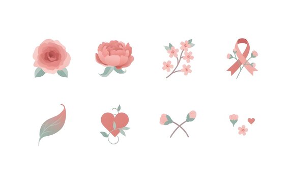 Collection of eight flat pink icons for breast cancer awareness including pink ribbon, roses, heart and flowers isolated on white background. Symbol of hope and support.