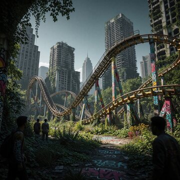 Abandoned rollercoaster covered in graffiti stands in overgrown urban landscape. Crumbling skyscrapers surround derelict amusement park attraction, evoking post apocalyptic mood. Nature reclaims
